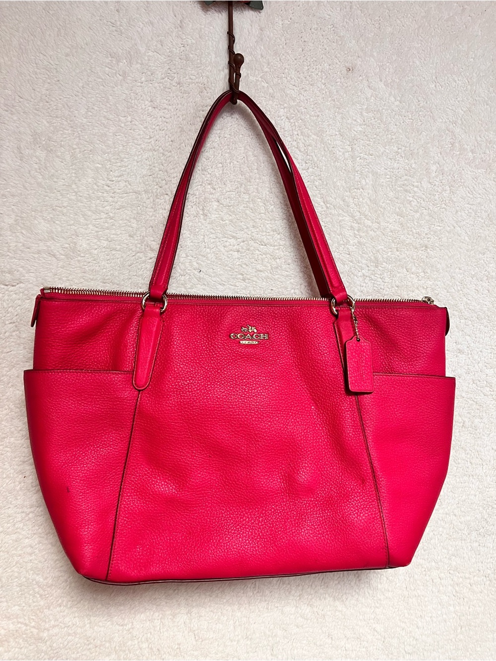 Coach Hot Pink Leather Tote with Gold Logo